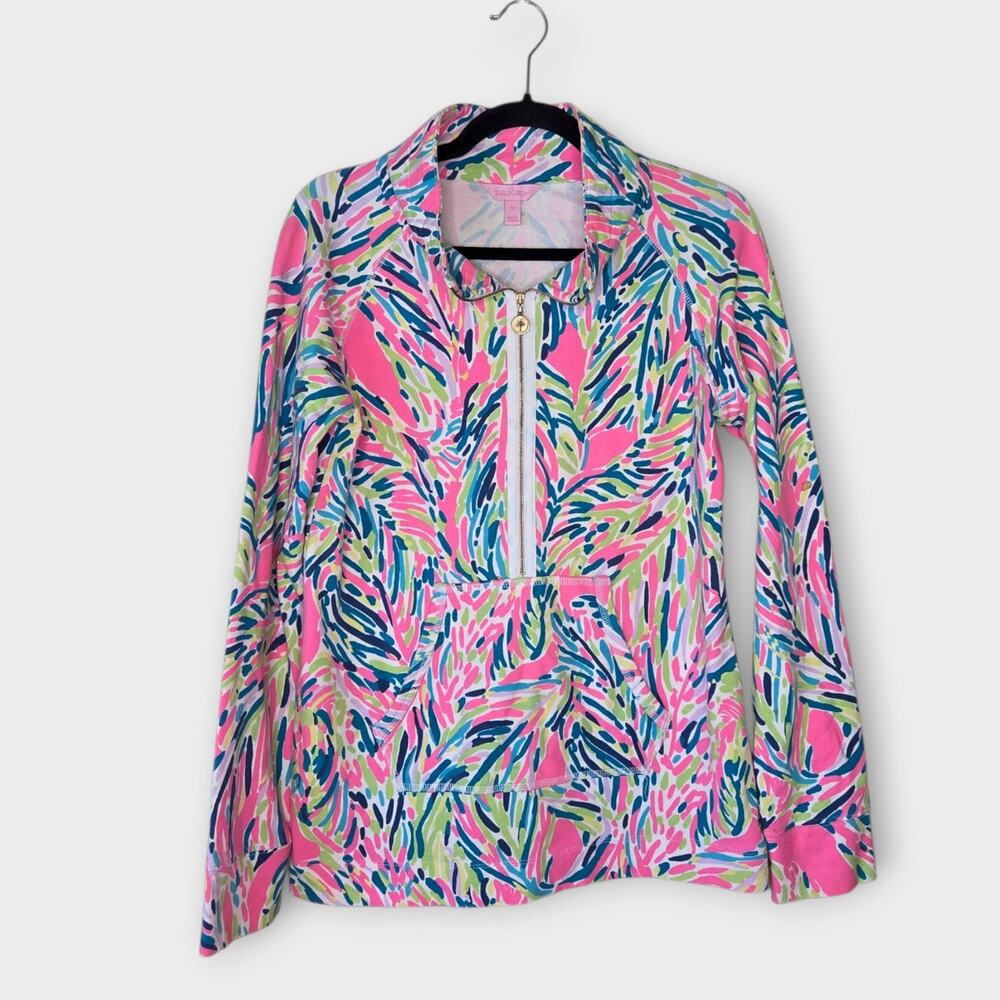 Lilly Pulitzer Skipper Popover Pullover Top Palm Reader Pink Blue Women's Med